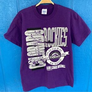 Vtg 90s Colorado Rockies T-Shirt Baseball Logo MLB Purple Graphic Tee Medium